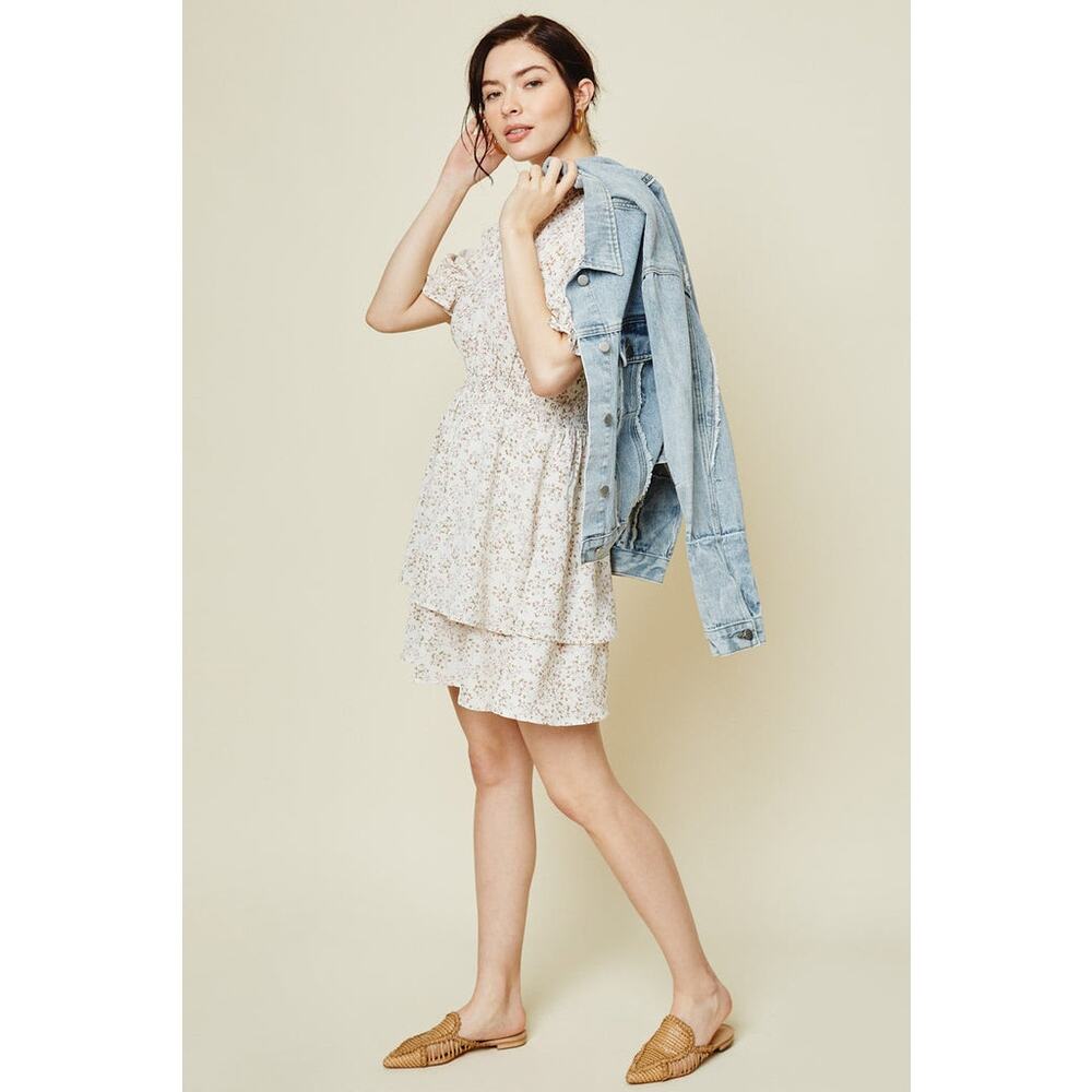 Hayden Los Angeles 1XL White Floral Smock Waist Mini Dress Lined Ruffle HighNeck - Picture 3 of 11